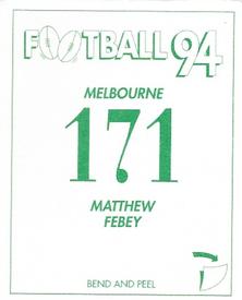 1994 Select AFL Stickers #171 Matthew Febey Back